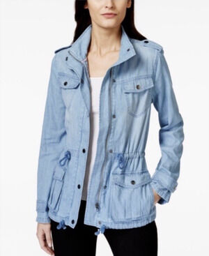 Nanette Lepore Blue Linen Cotton Blend Jacket Drawstring Pockets Snap Zipper XL